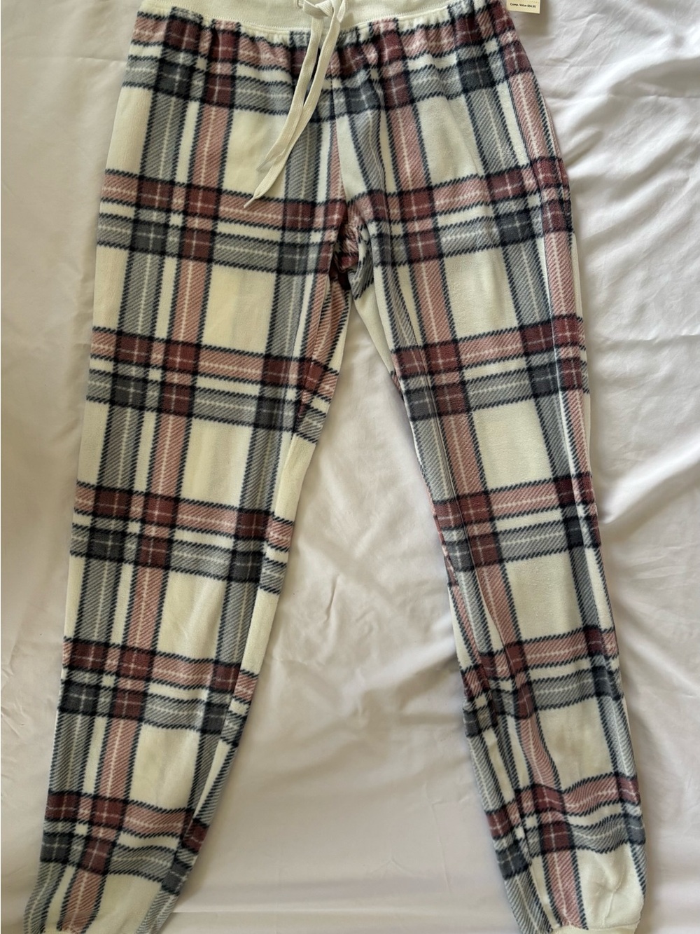 Aeropostale Plaid Fleece Jogger Pants - White, Pink & Black